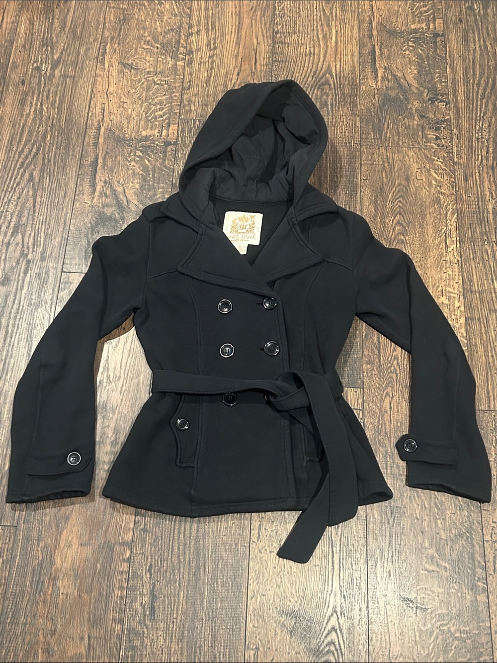 Wet Seal Black Hooded Double-Breasted Belted Y2K Peacoat